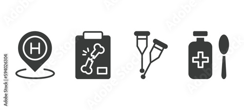 set of medical and healthcare filled icons. medical and healthcare glyph icons included hospital placeholder, x ray of bones, crutches couple, syrup medicine bottle vector.