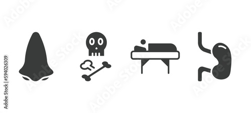 set of medical and healthcare filled icons. medical and healthcare glyph icons included l, skull and bone, illness on bed, esophagus vector.