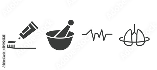 set of medical and healthcare filled icons. medical and healthcare glyph icons included brush with tooth paste, medicines bowl, pulse line, breath control vector.