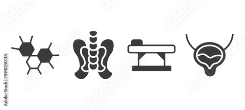 set of medical and healthcare filled icons. medical and healthcare glyph icons included three hexagons cell, p, table of treatments, bladder vector.