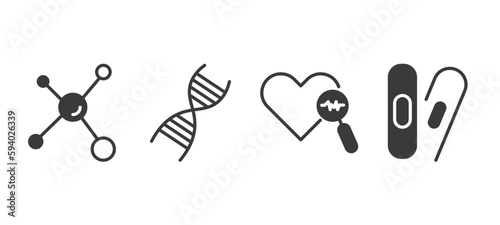 set of medical and healthcare filled icons. medical and healthcare glyph icons included molecular configuration, medical chain of dna, heart scan, bandage cross vector.