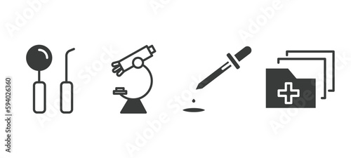 set of medical and healthcare filled icons. medical and healthcare glyph icons included dentist tool, microscope tool, dosage medical tool, results folders vector.