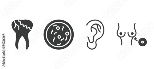 set of medical filled icons. medical glyph icons included caries, bacteria, ear, breast implant vector.