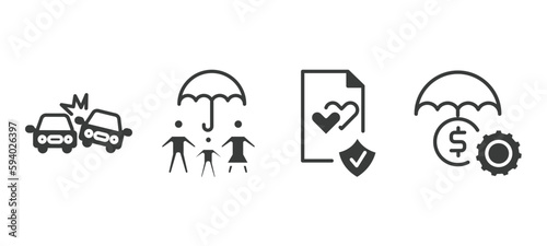 set of insurance and coverage filled icons. insurance and coverage glyph icons included crash, life insurance, marriage contract, money vector.