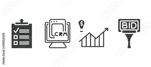set of marketing filled icons. marketing glyph icons included checklist, crm, demand, bid vector.