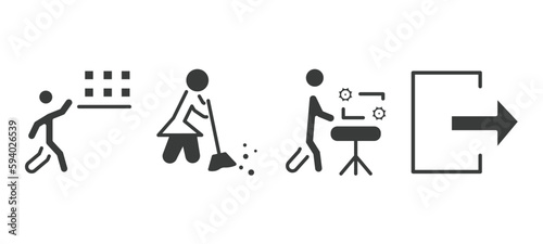 set of humans and behavior filled icons. humans and behavior glyph icons included storekeeper, woman sweeping, hine repair, out vector.
