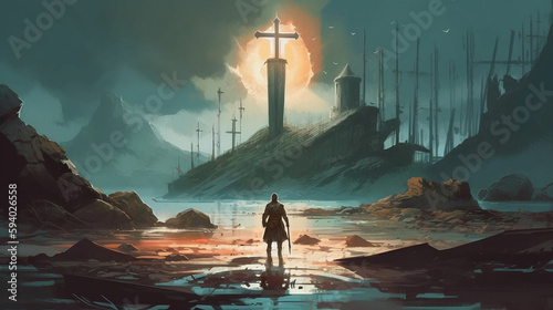 A warrior standing at the abandoned port and looking at the broken giant sword Concept art illustration