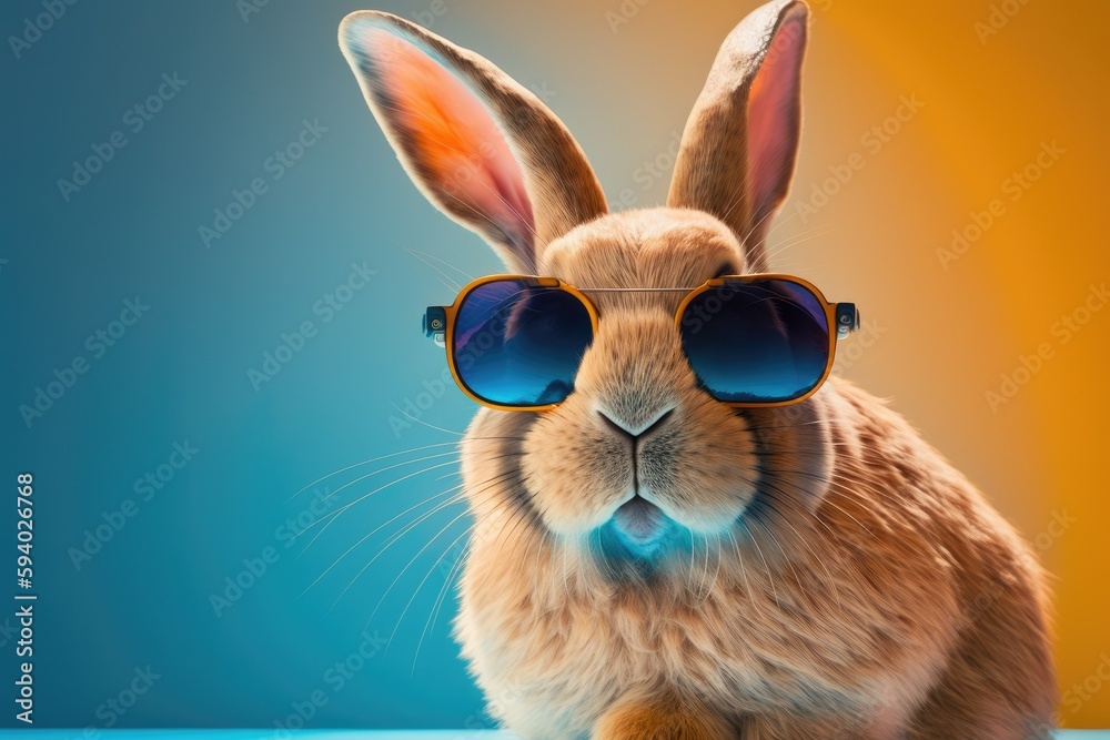 Funny and cute bunny with big sunglasses, isolated on a colorful background.
