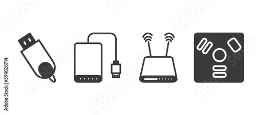 set of hardware and equipment filled icons. hardware and equipment glyph icons included usb flash, external hard drive, modem with two antenna, firewire vector.