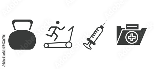 set of health and medical filled icons. health and medical glyph icons included kettlebell, treadmill, injection, medical file vector.