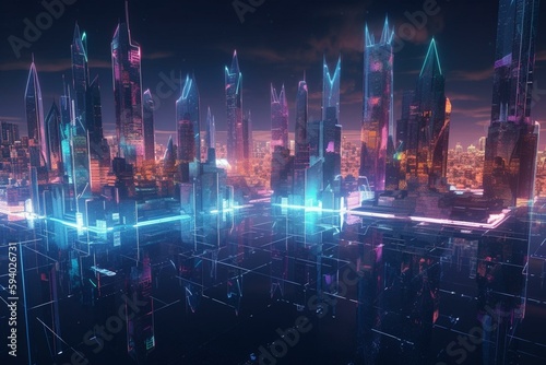 3d high-tech concept of a big city in the metaverse, virtual space,incorporating futuristic elements like floating platforms, holographic displays, and interactive water features,. Generative AI