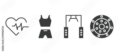 set of fitness and gym filled icons. fitness and gym glyph icons included fitness heart, sport wear, training apparatus, weight drive vector.