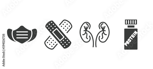 set of health and medical filled icons. health and medical glyph icons included medical mask, band aid, urology, proteins vector.