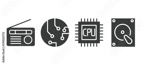 set of hardware and equipment filled icons. hardware and equipment glyph icons included fm radio, circuits, gpu, harddrive vector.