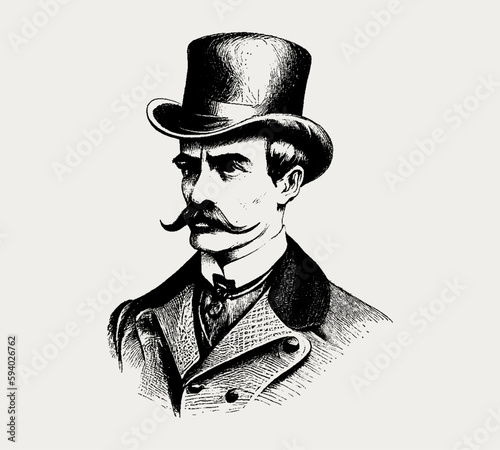 A gentleman with a mustache in a hat is drawn in pencil on a white background. Engraved drawing. Black and white style. Art Nouveau style of the 1900s. Doodle. Vector illustration