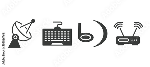 set of hardware and equipment filled icons. hardware and equipment glyph icons included parabolic, keyboard wire, , hardware hotspot vector.