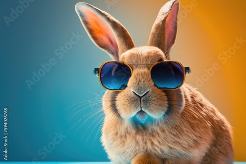 Funny and cute bunny with big sunglasses, isolated on a colorful background.