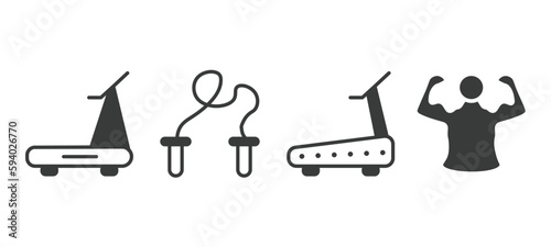 set of fitness and gym filled icons. fitness and gym glyph icons included running hine, skipping rope, running treadmill, bodybuilder vector.