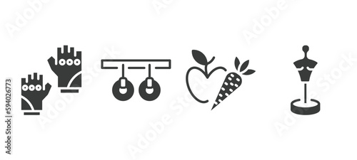 set of fitness and gym filled icons. fitness and gym glyph icons included fitness gloves, gymnastic rings, carrot and, boxing mannequin vector.