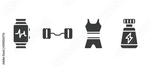set of fitness and gym filled icons. fitness and gym glyph icons included fitness watch, lifting barbell, female sportwear, phytonutrients vector.