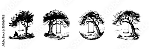 The swing on the tree is drawn with a pencil on a white background. Engraved drawing. Black and white style. Rope swing. Doodle. Vector illustration