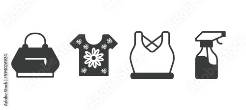 set of fashion and things filled icons. fashion and things glyph icons included fashion bag, t shirt with flowers, gym clothes, spray bottle vector.