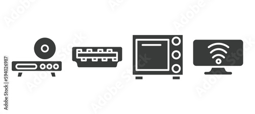 set of electronic device and filled icons. electronic device and glyph icons included dvd player, hdmi, convection oven, smart tv vector.