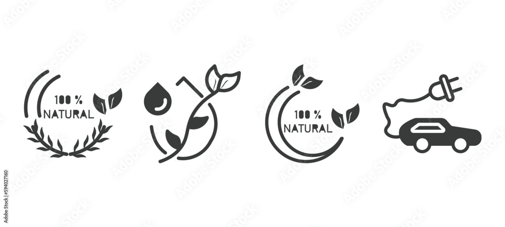 Obraz premium set of ecology filled icons. ecology glyph icons included 100 % natural badge, oil drops, 100 percent natural, eco energy car vector.