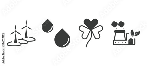 set of ecology filled icons. ecology glyph icons included wind mill, drop, shamrock, sustainable factory vector.