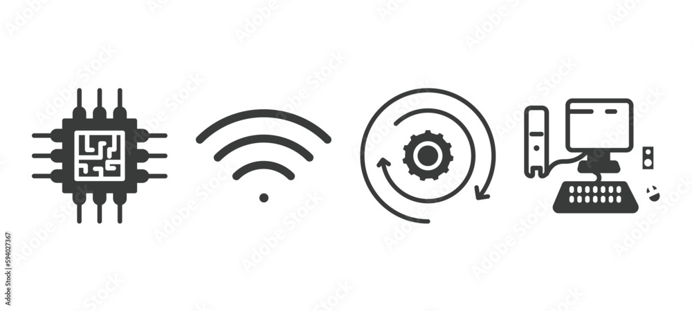 set of computer and tech filled icons. computer and tech glyph icons included computer chip, wi fi, circular de, vector. set of computer and tech filled icons. computer and tech glyph icons included computer chip, wi fi, circular de, vector.