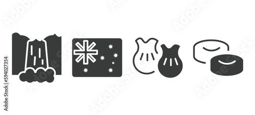 set of culture and civilization filled icons. culture and civilization glyph icons included maletsunyane, australian flag, wontons, mantecados vector.