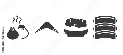 set of culture and civilization filled icons. culture and civilization glyph icons included dumplings, australian boomerang, corn with pine, pork ribs vector.