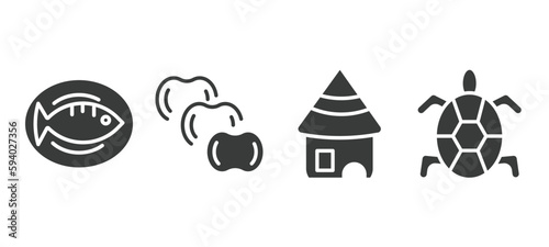 set of culture and civilization filled icons. culture and civilization glyph icons included cantonese fish, ajotomate, mud hut, surfing a sea turtle vector.