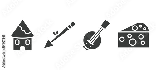 set of culture and civilization filled icons. culture and civilization glyph icons included indian village, native american spear, kora, goat cheese vector.