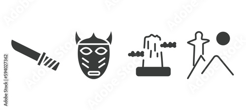 set of culture and civilization filled icons. culture and civilization glyph icons included knife in sheath, native american mask, pico cao, rio de janeiro vector.