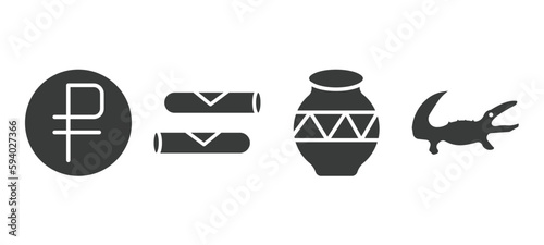 set of culture and civilization filled icons. culture and civilization glyph icons included ruble, spring rolls, native american pot, australian alligator vector.