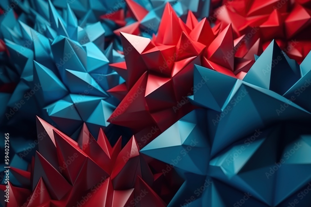 Polygonal blue and red abstract with spiky connection structure made with generative AI Polygonal blue and red abstract with spiky connection structure made with generative AI