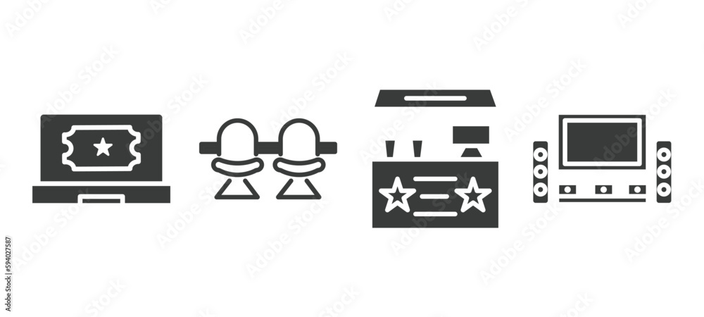 set of cinema and theater filled icons. cinema and theater glyph icons included buy tickets online, cinema chair, snack bar, home theater vector.
