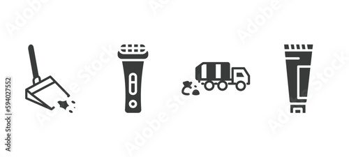 set of cleaning filled icons. cleaning glyph icons included dustpan cleanin, shaver cleanin, garbage truck cleanin, cream vector.