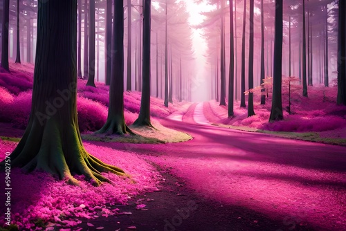 A road in a forest with pink flowers, generated Ai