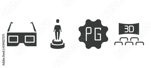 set of cinema and theater filled icons. cinema and theater glyph icons included 3d glass, movie award, parental guidance, 3 dimension screen vector.