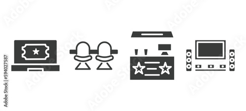set of cinema and theater filled icons. cinema and theater glyph icons included buy tickets online, cinema chair, snack bar, home theater vector.