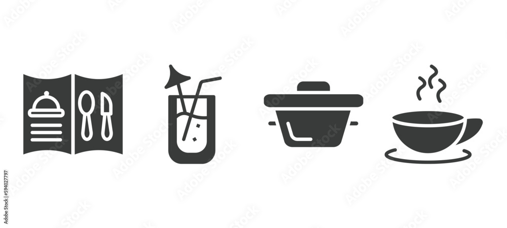 set of restaurant filled icons. restaurant glyph icons included open menu, lemonade with straw, bistro pot, breakfast cup vector. set of restaurant filled icons. restaurant glyph icons included open menu, lemonade with straw, bistro pot, breakfast cup vector.