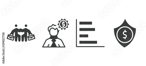 set of business and finance filled icons. business and finance glyph icons included work parteners, man with money gears, horizontal bar chart, dollar money protection vector.
