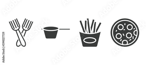 set of restaurant filled icons. restaurant glyph icons included salad fork, lateral pan, french fries box, pepperoni pizza vector.