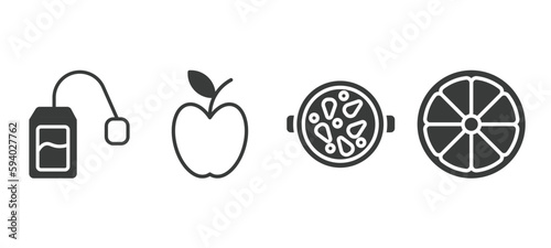 set of restaurant filled icons. restaurant glyph icons included infusion bag, with skin, paella with parwns, half lemon vector.