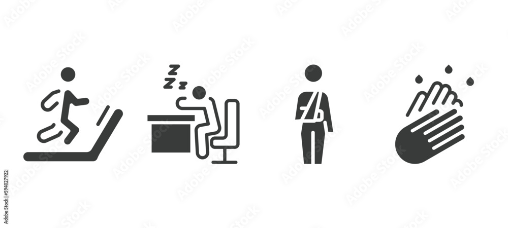 set of behavior and action filled icons. behavior and action glyph icons included man on treadmill, man snoozing, fracture arm, washing hands vector. set of behavior and action filled icons. behavior and action glyph icons included man on treadmill, man snoozing, fracture arm, washing hands vector.