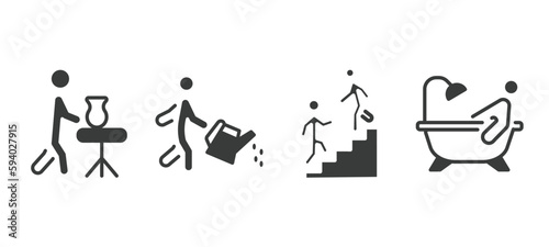 set of behavior and action filled icons. behavior and action glyph icons included man doing pottery, watering plants, helping a man to climb, man bathing vector.
