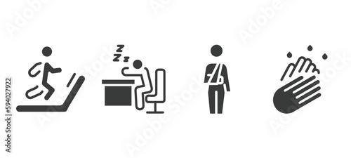 set of behavior and action filled icons. behavior and action glyph icons included man on treadmill, man snoozing, fracture arm, washing hands vector.