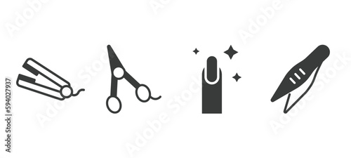 set of beauty and elegance filled icons. beauty and elegance glyph icons included hair straightener, hair scissors, finger with nail, tweezers vector.